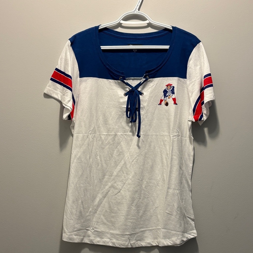 New England Patriots Women's Blue and White Lace-Up Top